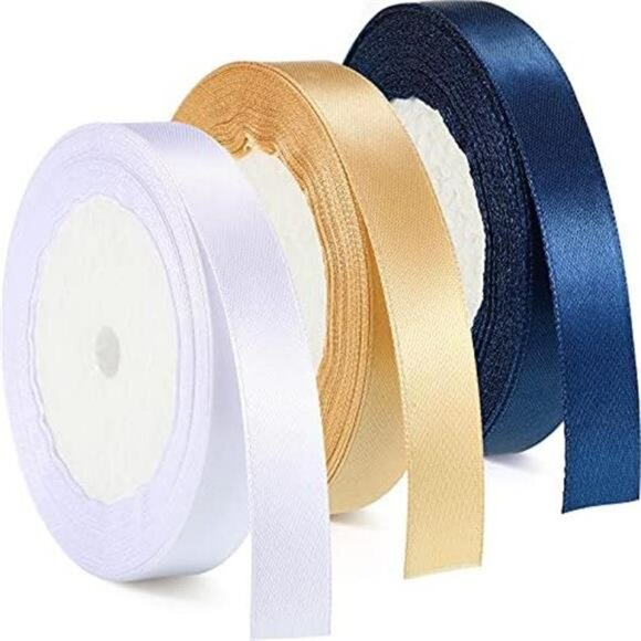 3 Roll Satin Ribbon White Navy Blue Gold Double Face 25 Yards for Gift Wrapping - Picture 1 of 8